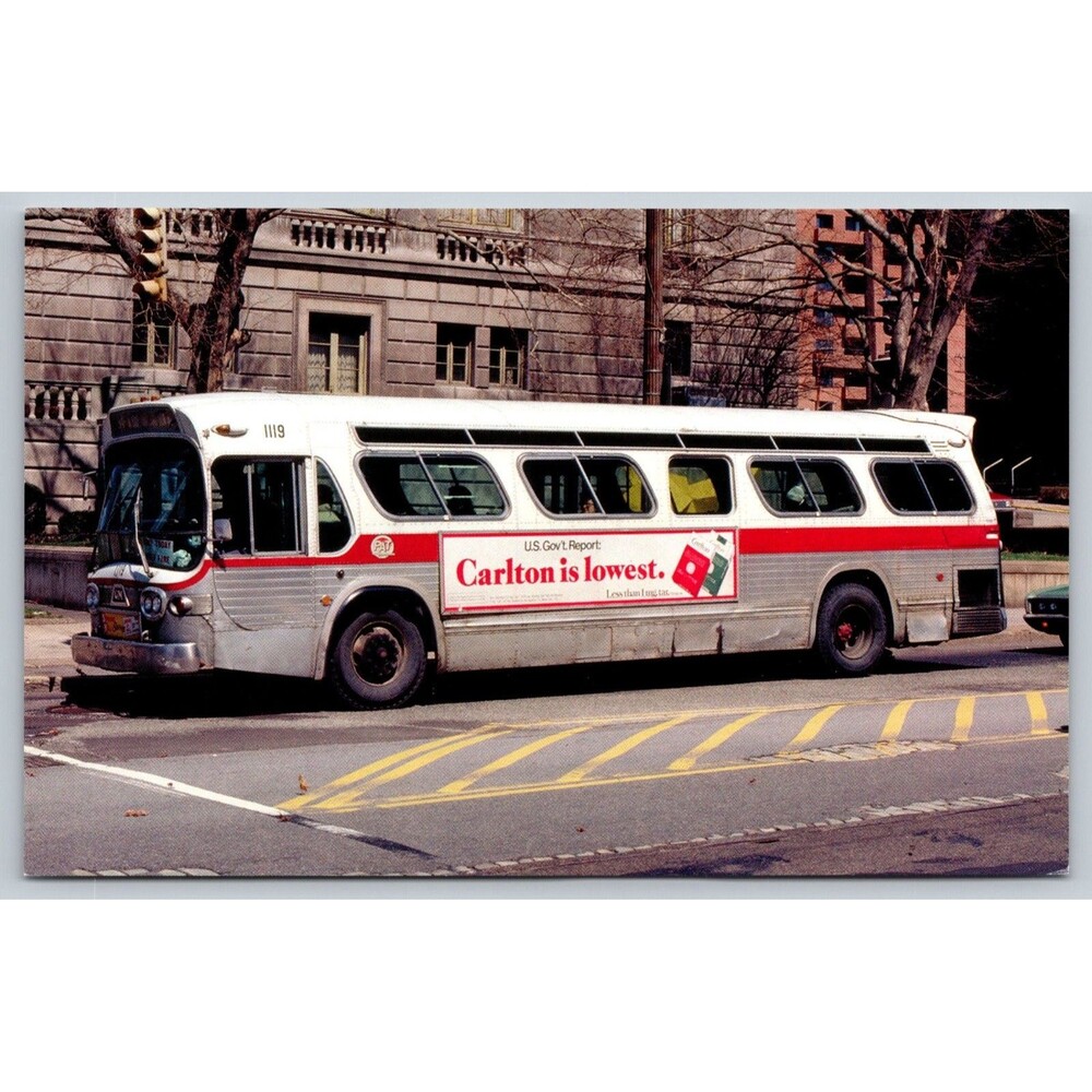 Vintage 1980 GM Bus Postcard PAT #1119 Oakland PA Carlton Cigarette Ad Transit